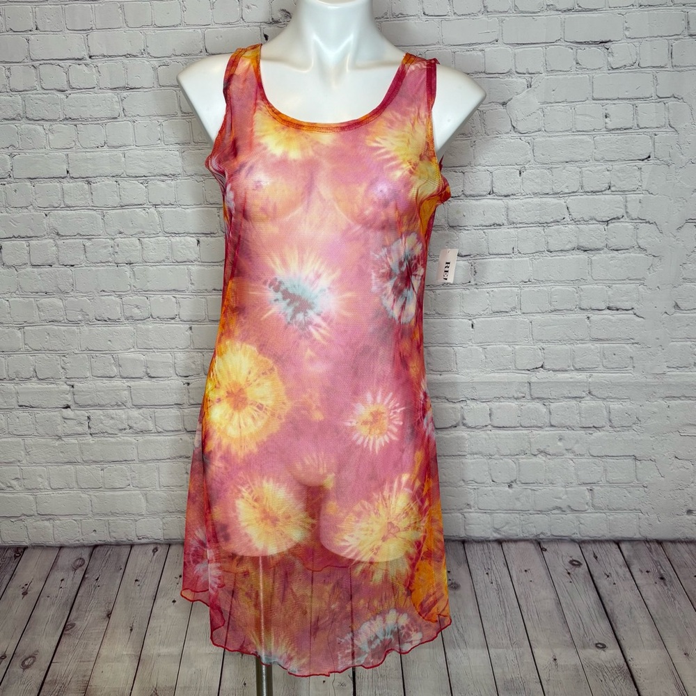 Relaxed Concepts Vintage Tie Dye and Pink Swim Cover Up Sheer Mesh Dress Size M